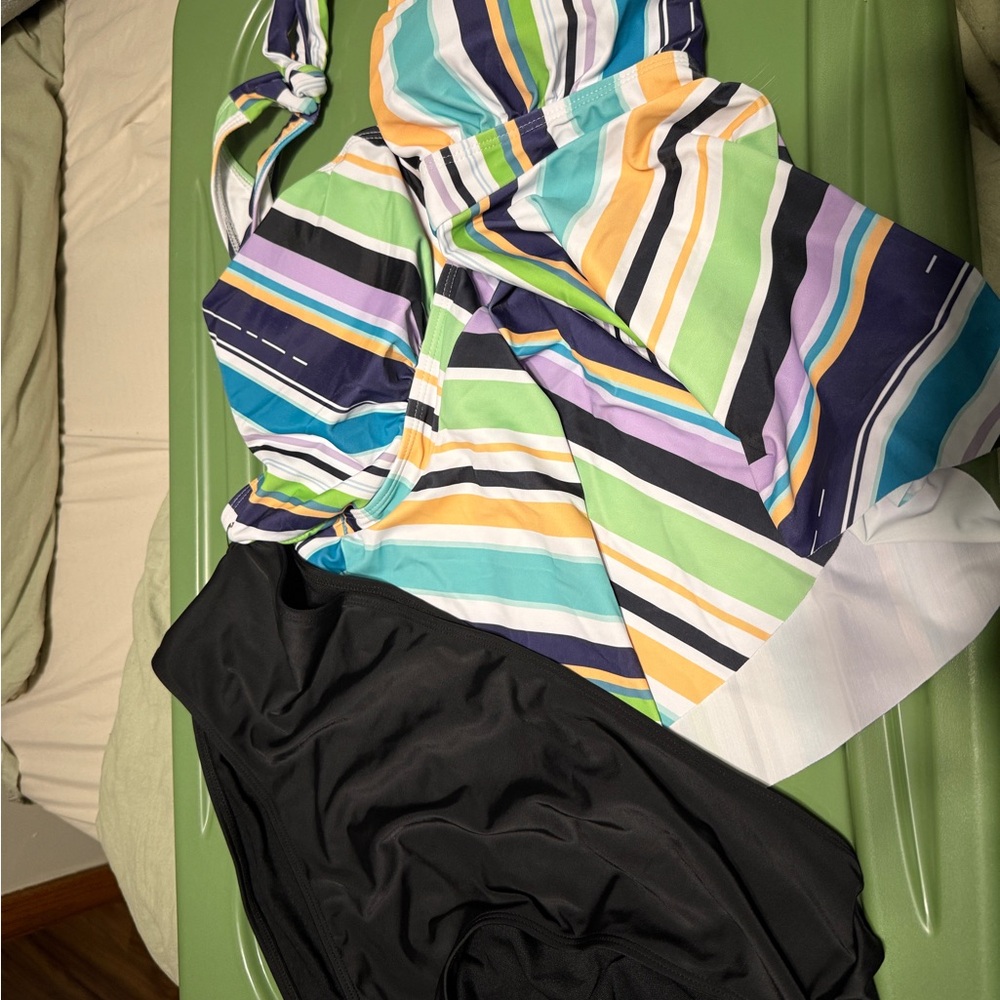 Striped Multicolor Swimsuit with Black Bottom